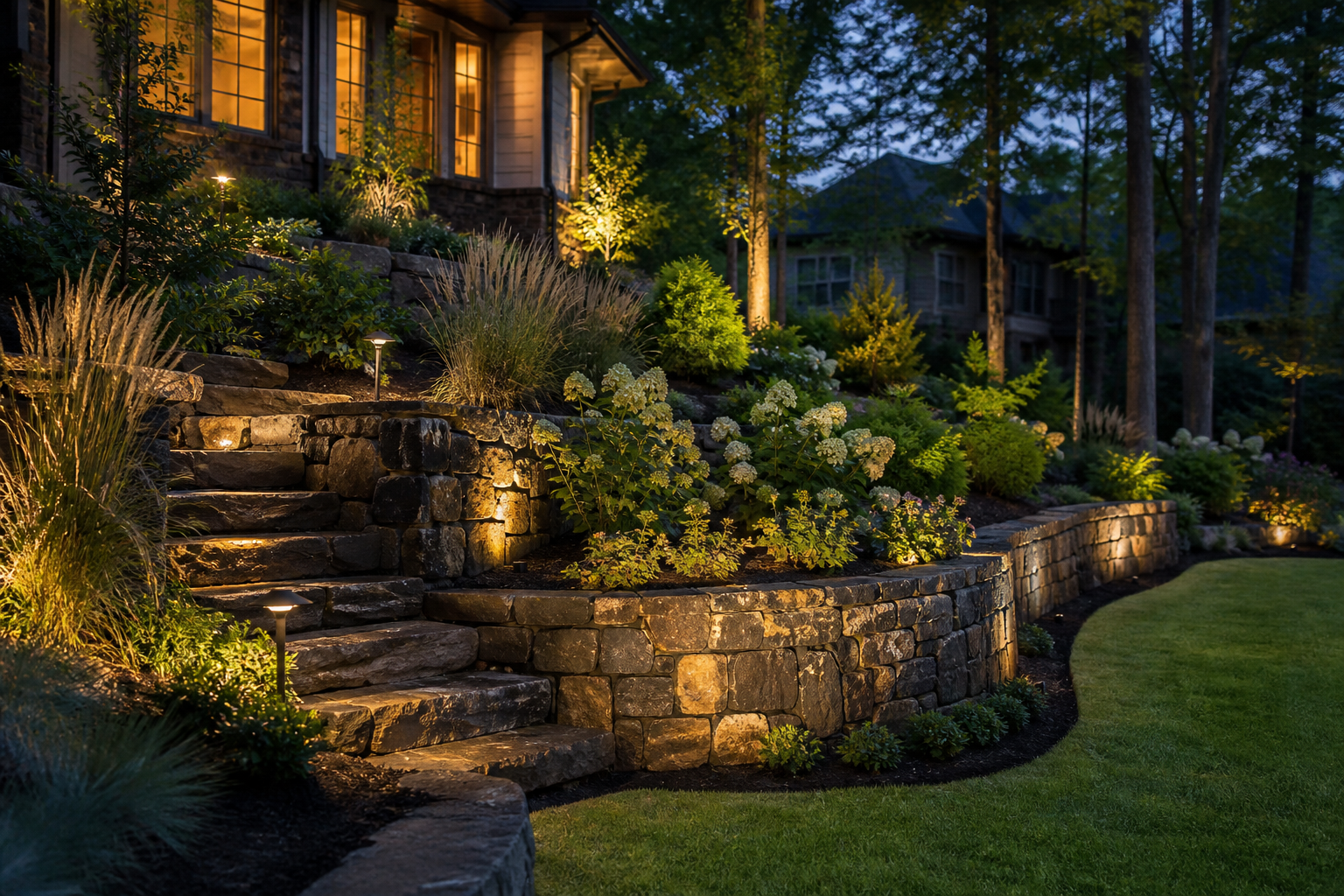 Beautiful garden with stone retaining wall and warm landscape lighting at dusk